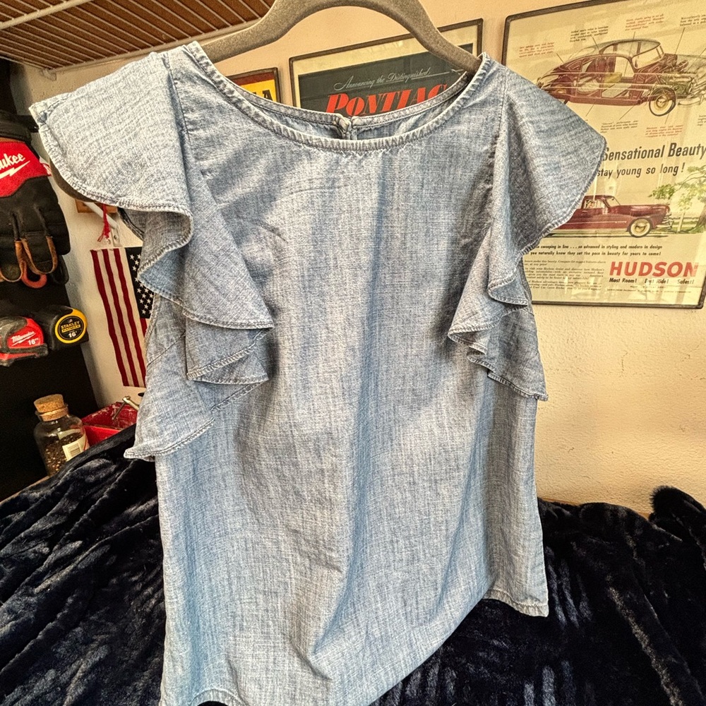 J Crew size 0 denim shirt with ruffle sleeves
